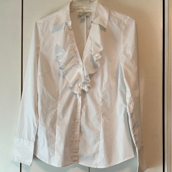 Loft White Button Down Front Ruffle Blouse - Size 10 - Picture 1 of 5